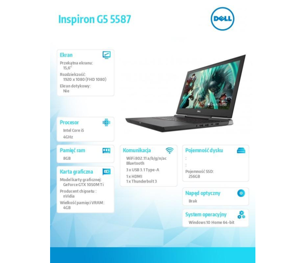 DELL Inspiron G5 5587 i5-8300H/8GB/256GB SSD/GeForce GTX 1050M Ti/15.6''/W10 Czarny - 1385458 - zdjęcie 3